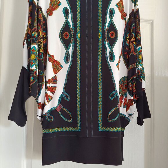 Eva Varro Colorful Ornate Chain Tassel Print Maximalist Dolman Cruise Wear Top M - Picture 13 of 14